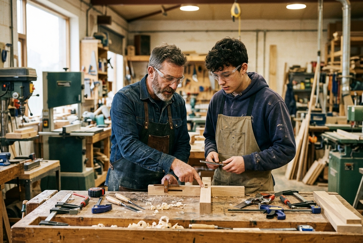 An experienced trainer mentoring an apprentice at a workbench